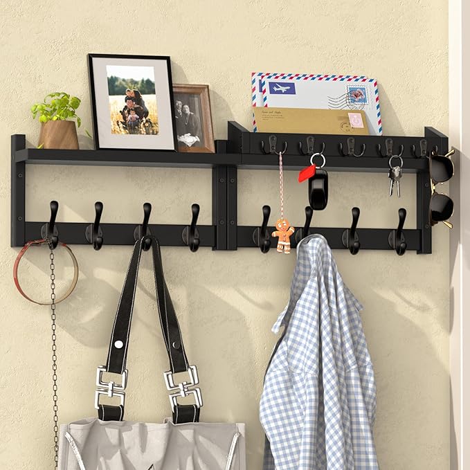 35'' Black Coat Rack Wall Mount with Shelf, Solid Wood Coat and Key Hanger with 13 Metal Hooks, Farmhouse Wall Organizer for Mail, Entryway Wall Hangers for Hats, Clothes, Backpacks