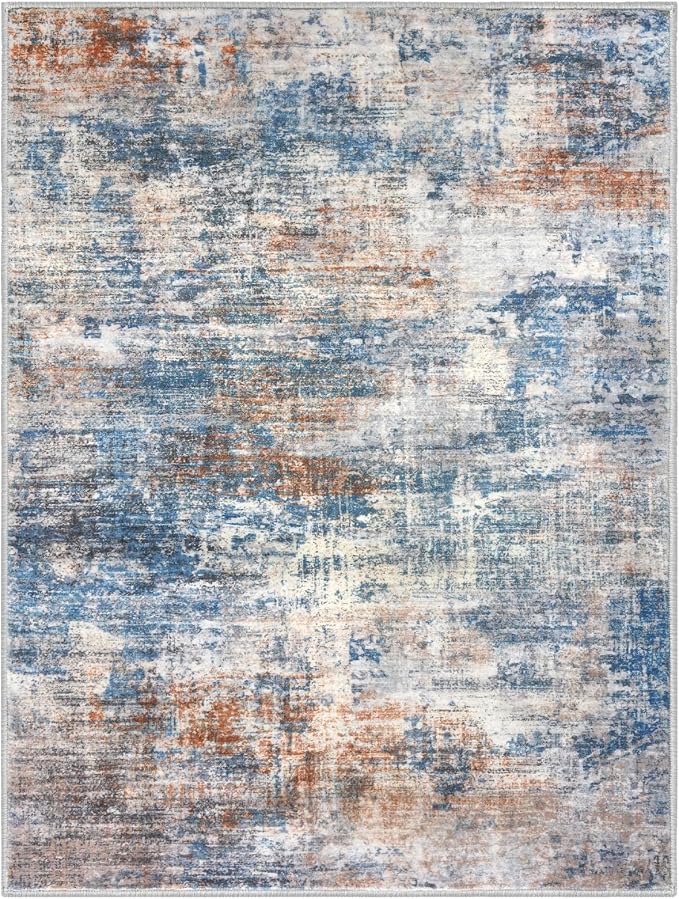 IOHOUZE Abstract Area Rug 3x4 Ft Washable Rugs for Entryway Indoor, Non Slip Kitchen Rug Printed Faux Wool Throw Rugs, Indoor Door Mat for Door Entrance Foyer Living Room, Blue Rust