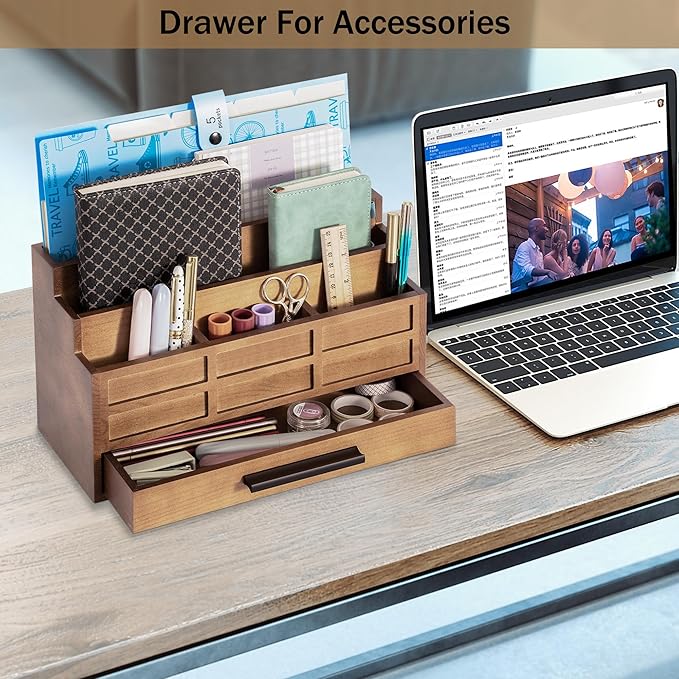 dreampossible Brown Wood Desk Organizer and Accessories with Drawer, Bill Mail Organizer and File Mail Holder for Office Supplies, Rustic Desk Accessories & Workspace Organizers
