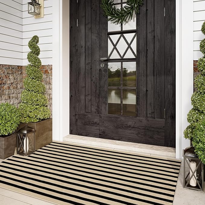 Outdoor Striped Rugs 3'x5', Black and Tan Cotton Hand Woven Front Door Mat,Washable Reversible Front Porch Rug, Foldable Layered Door Mats for Entryway/Home Entrance/Farmhouse