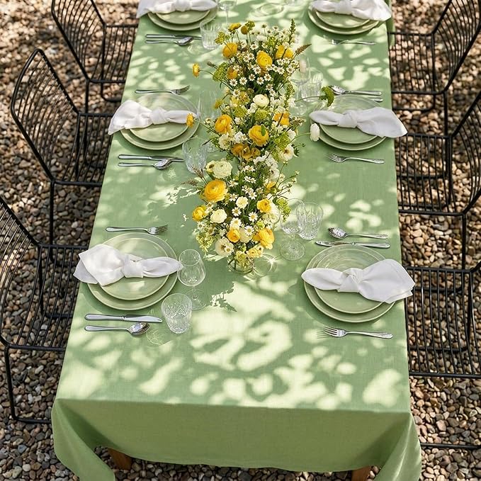 Solino Home Linen Tablecloth 60 x 90 Inch - 100% Pure Linen Laurel Green Table Cloth for Rectangle Tables - Fete, Machine Washable Tablecloth for Summer