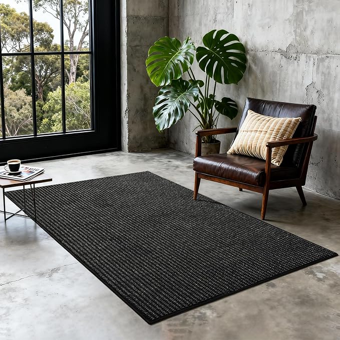 Softlife Faux Jute Washable Area Rug for Front Door Entryway, 3x5 Indoor Non Slip Small Mat for Kictchen Entry Bathroom, Small Solid Boho Natural Rugs for Inside Entrance Hallway, Black