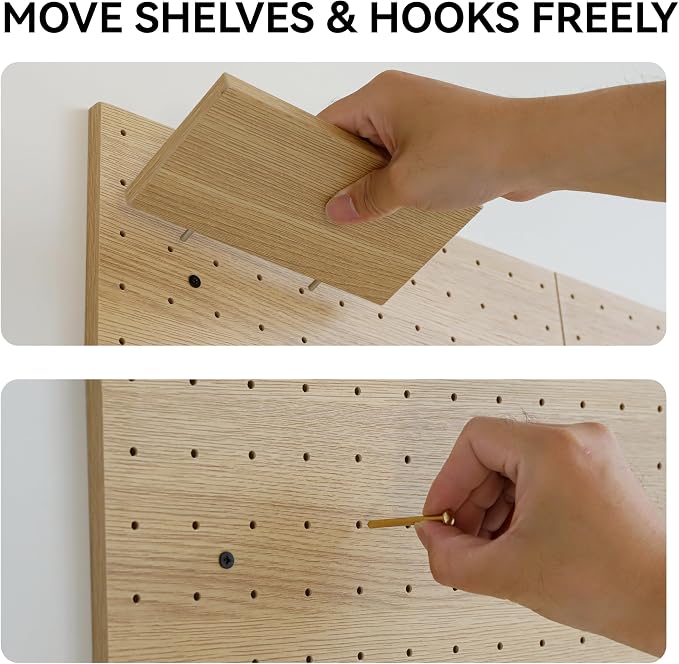 Pegboard Wall Organizer,4 Pack Large Peg Board with Shelves & Brass Hooks, Modular DIY Storage Panel for Entryway, Craft Room - Heavy Duty Display Board for Hats, Keys—Oak Color Finish