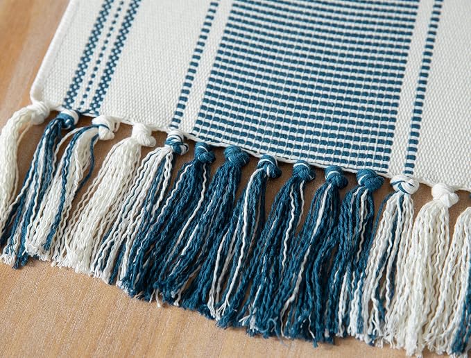 Caflife Boho Table Runner Blue and White for Modern Farmhouse Decor, Natural Cotton Woven Runner with Tassels for Home Dining Table décor 13 x 60 Inch Long