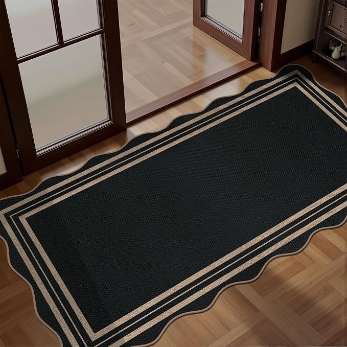 Scalloped Easy Jute Black Rug, 2x4 Front Door Washable Door Mat Non Slip Small Kitchen Area Rug, Farmhouse Low Pile Floor Rugs for Entryway Porch Doorway