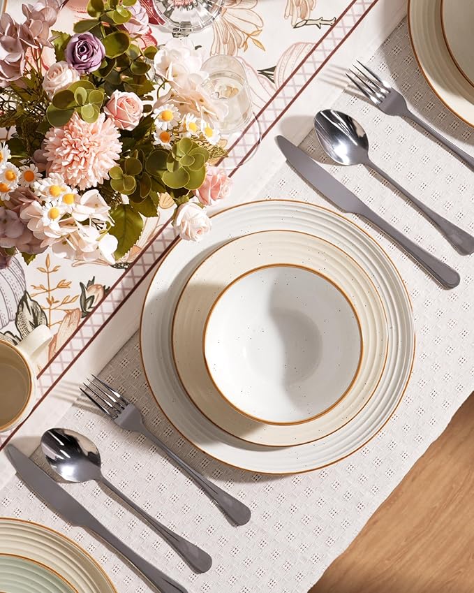 Famiware Jupiter 18-Piece Stoneware Dinnerware Sets for 6 – Handcrafted Plates and Bowls with Speckles & Embossed Swirls, Chip & Scratch Resistant, Modern Rustic Dishes for Daily & Formal Use, Green