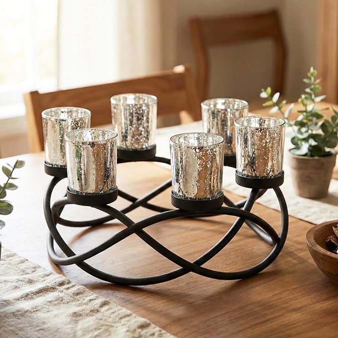 Seraphic Kitchen Table Centerpiece Decor, Tealight Candle Holder, Silver | Christmas Wedding & Event Decor, Round Patio Umbrella Centerpiece, Wrought Iron 6 Votive Holders, 10.5in Round