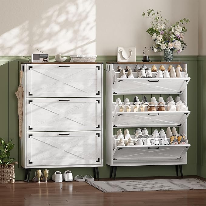 Shoe Organizer Cabinet Narrow with 3 Flip Drawers Shoe Rack Cabinet Hidden Slim Freestanding Shoe Storage Cabinet 24 Shoes for Entryway,Living Room, White Walnut