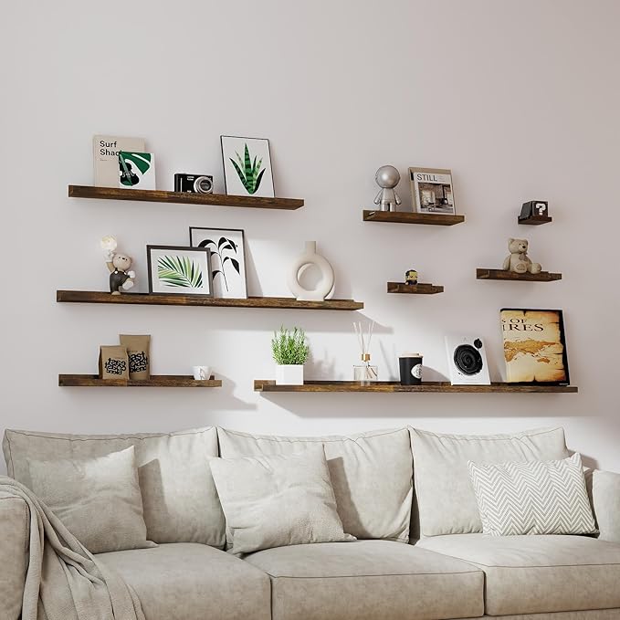 Small Floating Shelves for Wall Decor, Wall Mounted Wood Shelf for Bedroom, Living Room, Bathroom, Kitchen, Nursery, Display Ledge Shelf with Lip Set of 2-8 Inches, Brown