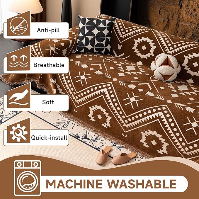 VClife Bohemian Couch Cover Aztec Geometric Chenille Sofa Cover for Sectional Couch - Brown and White Zigzag Pattern Sofa Slipcover for 2 Cushion Couch Sofa 71" X 150"