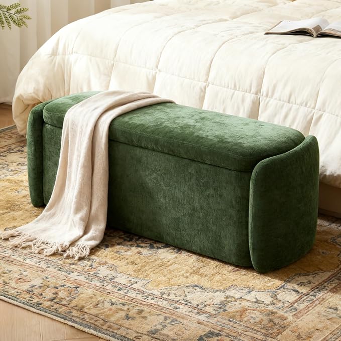 VKNOW 46" Oval Storage Ottoman Bench, Upholstered End of Bed Bench Ottomans Bench Foot Rest, Sherpa Storage Bench for Bedroom, Living Room and Hallway, Green