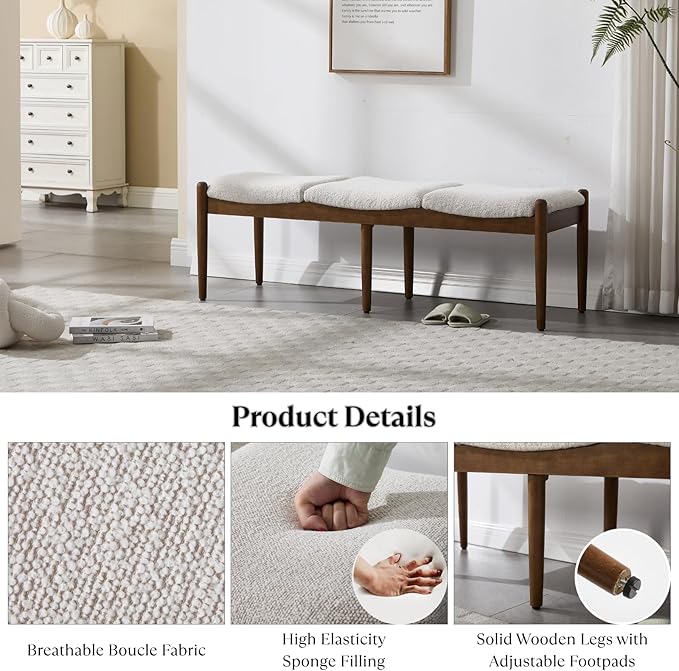 Ya-Home Modern Boucle Ottoman Bench, 54.25” Upholstered Sherpa Bedroom End of Bed Bench, Long Seating Entryway Bench Window Bench with Padded Cushion Solid Wood Legs for Living Room/Hallway, Beige