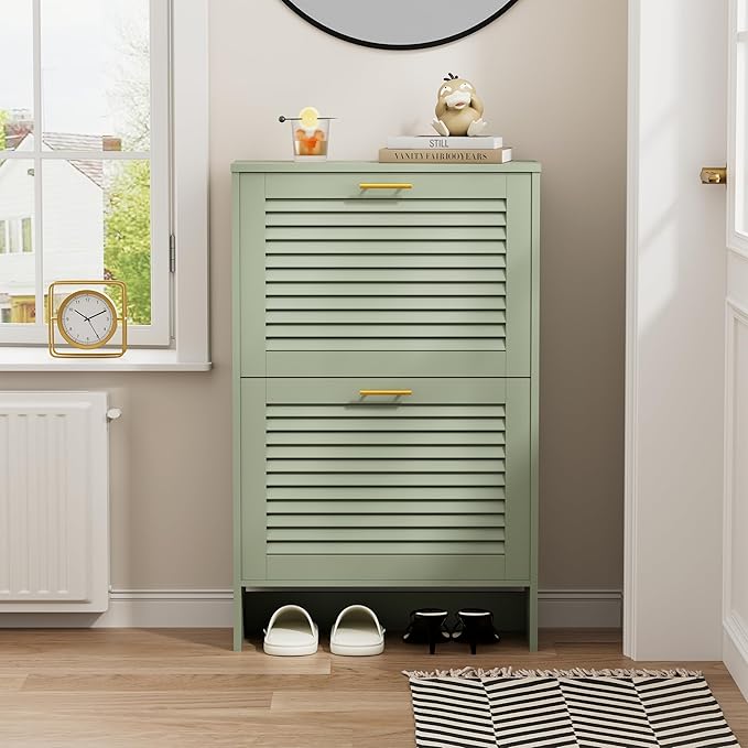 Shoe Cabinet Storage, Hidden Shoe Organizer, Modern Freestanding Organizer with 2 Flip Drawers Louvered Shoe Cabinet for Entryway (Green, 2 Drawers)