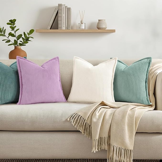 decorUhome Summer Corduroy Lilac Euro Sham Throw Pillow Covers 26x26 Set of 2 Decorative Soft Boho Farmhouse Couch Pillow Covers for Living Room Bed Sofa Broadside Striped Pillow Cases