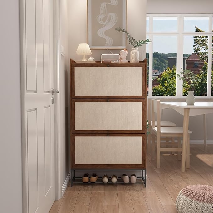 Shoe Cabinet Storage for Entryway, Narrow Shoe Cabinet with 3 Filp Drawers, Wood Freestanding Shoe Organizer Cabinet with Metal Legs, Hidden Storage Behind Door for Hallway, Living Room (Walnut)
