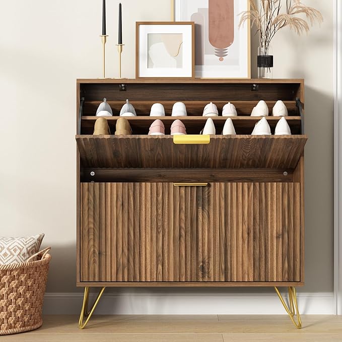 Shoe Storage Cabinet with 2 Flip Drawers, 31.5" W Fluted Shoe Cabinet for Entryway, Hidden Shoe Cabinet Storage, Narrow Free Standing Shoe Orgnaizer Rack Cabinet for Foyer Hallway, Natural