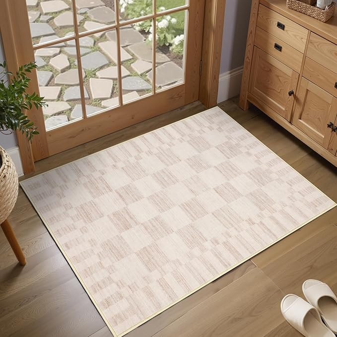 GarveeHome Beige Checkered Rug 2x3 Washable Rug Non-Slip for Entryway, Soft Low-Pile Small Area Rugs,Beige Neutral Modern Geometric Rugs for Kitchen