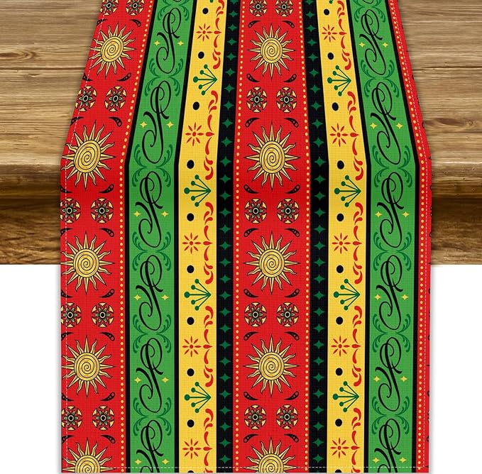 YCness Mexican Abstract Stripe Table Runner, Sun Moon Colorful Floral Traditional National Table Runner for Party Living Room Home Bedroom Kitchen, 13x60 Inch