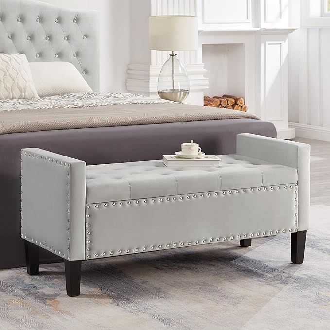 48" Velvet Upholstered Storage Ottoman,Luxury Rectangle Entryway Tufted Button Long End of BedBench, Rolled Arm Bench Seat with Wood Legs, Living Room,Bedroom,Grey