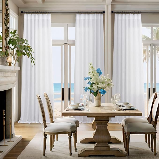 White Linen Curtains 108 Inches Long for Living Room 2 Panels Set Back Tab Drapes Semi Sheer Cotton Textured High Ceiling to Floor Curtains for Patio Stunning Bohemian Urban Industrial Farmhouse 9 FT