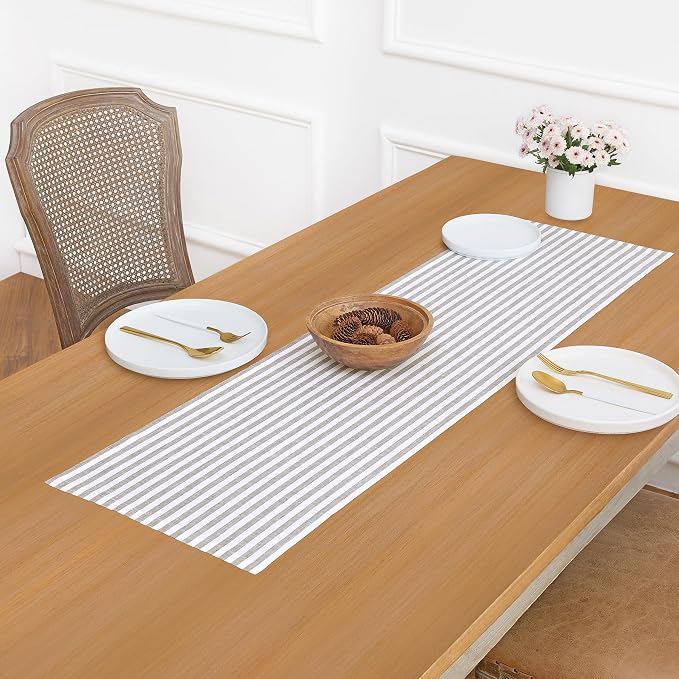 Solino Home Table Runner 48 Inches - Amalfi Stripe 100% Pure Linen Grey and White Table Runner 14 x 48 Inch Ideal for Dresser and Coffee Tables, Summer