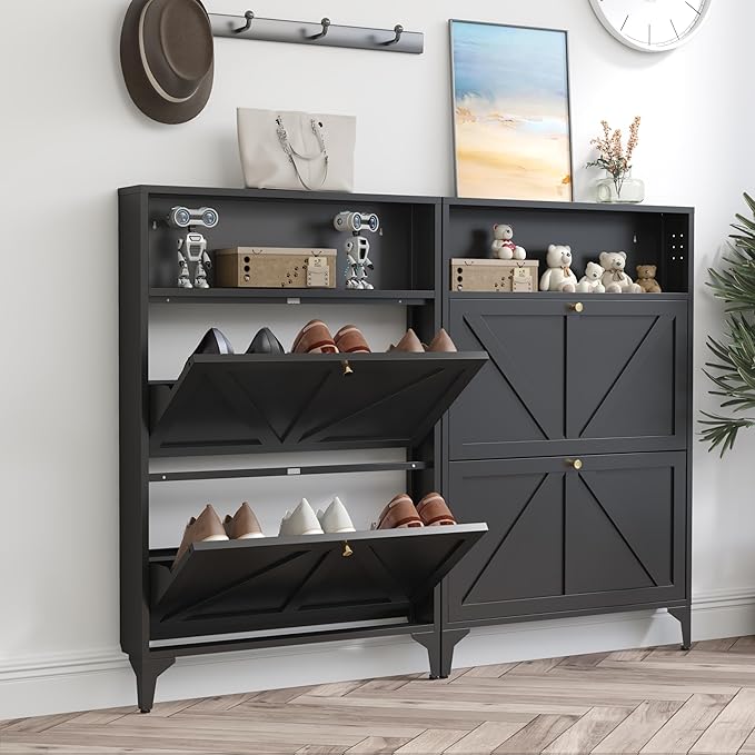 Shoe Storage Cabinet for Entryway with 2 Flip Drawers, Freestanding Shoe Organizer with Legs,Farmhouse Narrow Shoe Storage Cabinet for Entryway, Foyer,Living Room (2-Drawers, Black)