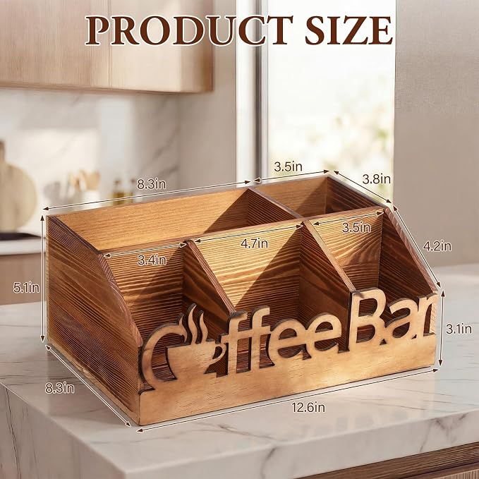 Coffee Station Organizer for Counter Wood Countertop Accessories Organizer Coffee Pods Holder Storage Basket for Pods Condiment Syrup Tea Cups Stirrers for Rustic Bar Decoration(Natural)
