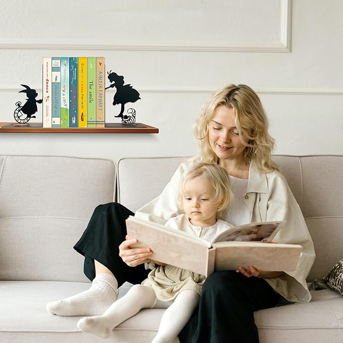 Alice Decorative Bookends for Bookshelf – Metal Wonderland Bookends for Home, Cute Alice and Rabbit Design, Unique Decorative Bookends for Shelves, Gifts for Wonderland Fans, Home and Office Decor