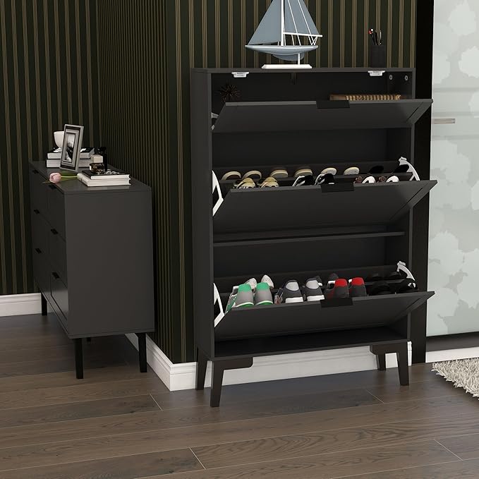 TaoHFE Modern Shoe Cabinet for Entryway - Black Wooden Hidden Shoe Cabinet - Narrow Free Standing 3 Tier Rack