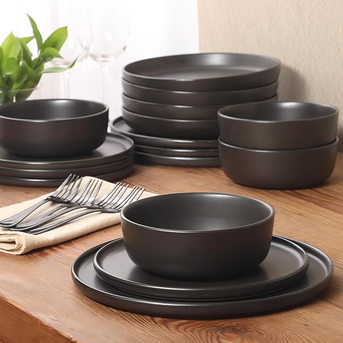 Gibson Elite Bayou Moon Plates and Bowls Sets, 16-Piece Black Matte Stoneware Dinnerware Sets, Solid Color Reactive Glaze Dish Set