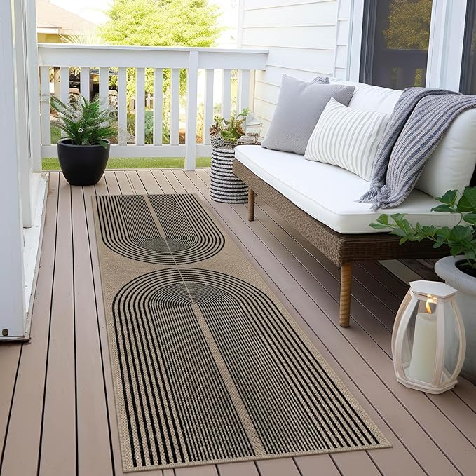 Rugalia Easy Jute Rainbow Runner Rug, 2x6 Washable Rugs Runner for Hallway Non-Slip Boho Farmhouse Kitchen Runner Rug, Black and Nature Abstract Outdoor Carpet for Porch Laundry Entryway