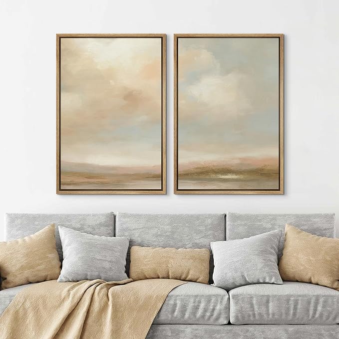 SIGNLEADER Framed Canvas Print Wall Art Soft Pastel Sky Distant Hills Landscape Illustrations Modern Art Decorative Minimal Relax/Calm for Living Room, Bedroom, Office - 24"x36"x2 Natural