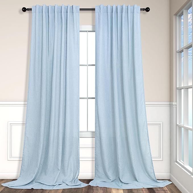 Light Blue Curtains 96 Inches Long for Living Room Back Tab Linen Light Filtering Modern Farmhouse Coastal Decor Baby Blue Cotton Textured Gauze Curtains for Dining Room Bedroom 52x96 Length Pale Blue