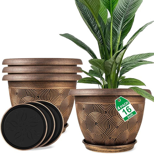 Fodetyff 16 Inch Large Planter Pot for Plants Indoor Outdoor, 4 Pack Plastic Flower Pots with Drainage Hole & Tray, Modern Decorative Garden Pot with Saucer, Plant Container for House