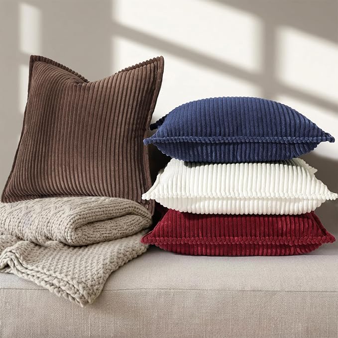decorUhome Summer Corduroy Dark Navy Euro Sham Throw Pillow Covers 26x26 Set of 2 Decorative Soft Boho Farmhouse Couch Pillow Covers for Living Room Bed Sofa Broadside Striped Pillow Cases