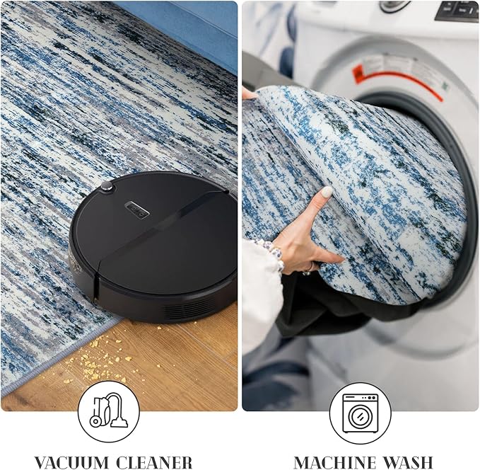 Lansny Modern Abstract 5x7 Area Rug, Washable Rugs for Living Room, Non-Slip Dining Room Rug, Soft Thin Printed Faux Wool Floor Carpet for Bedroom Nursery Playroom Office, Grey Blue White