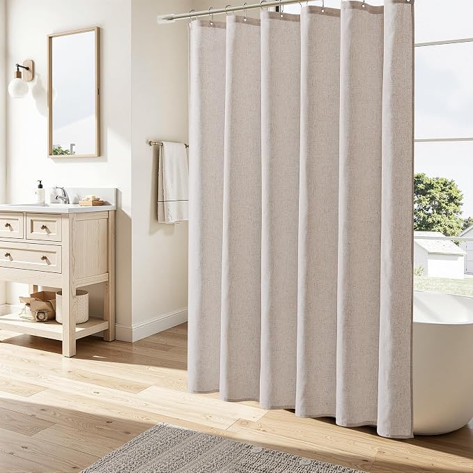 Naturoom Linen Shower Curtain 80 Inch Long for Bathroom Boho Farmhouse Fabric Shower Curtains Set with Hooks Neutral Cloth Modern Cottage Core Waterproof,Birch Beige