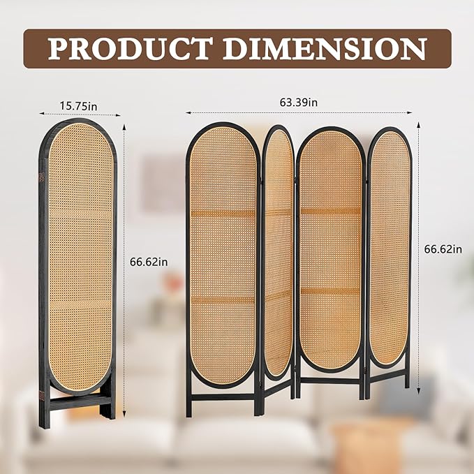 Hand-Woven Rattan Room Dividers Panel, 4 Panels Wood Room Divider and Folding Privacy Screens, Room Divider Wall Freestanding Room Partitions Screen for Home Office Bedroom, Black