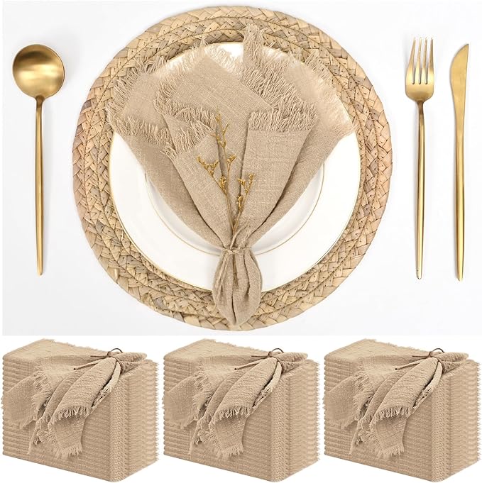 60 Pack Caramel Napkins Cotton Linen Napkin 16 x 16 Inch Caramel Napkins Cloth Handmade with Fringe Soft Washable Rustic Dinner Napkin Cloths for Wedding Party Dinner Table