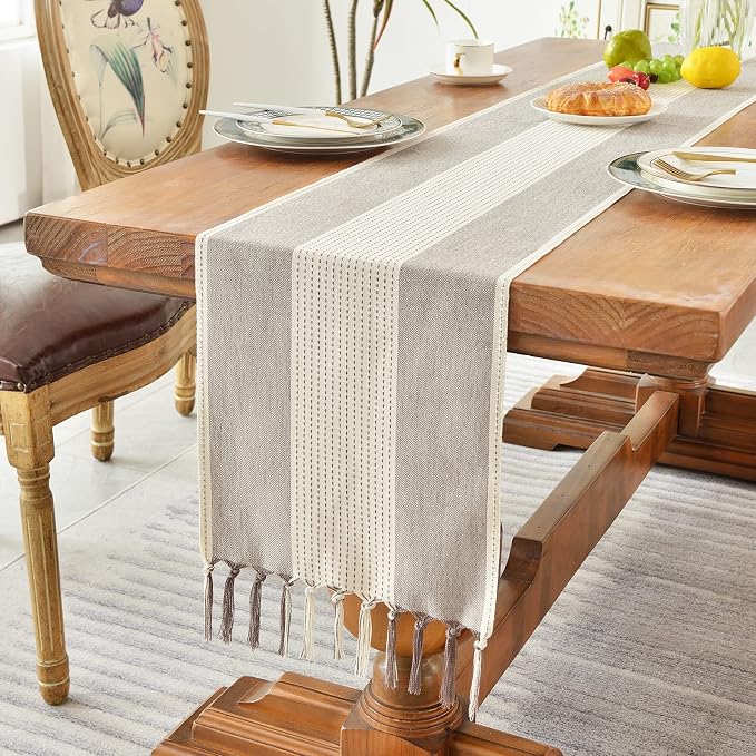 Wracra Linen Table Runner, Farmhouse Macrame Table Runners 72 Inches Long for Dining Table Decor, Wedding, Party and Dresser Decor (Dark Coffee,72")