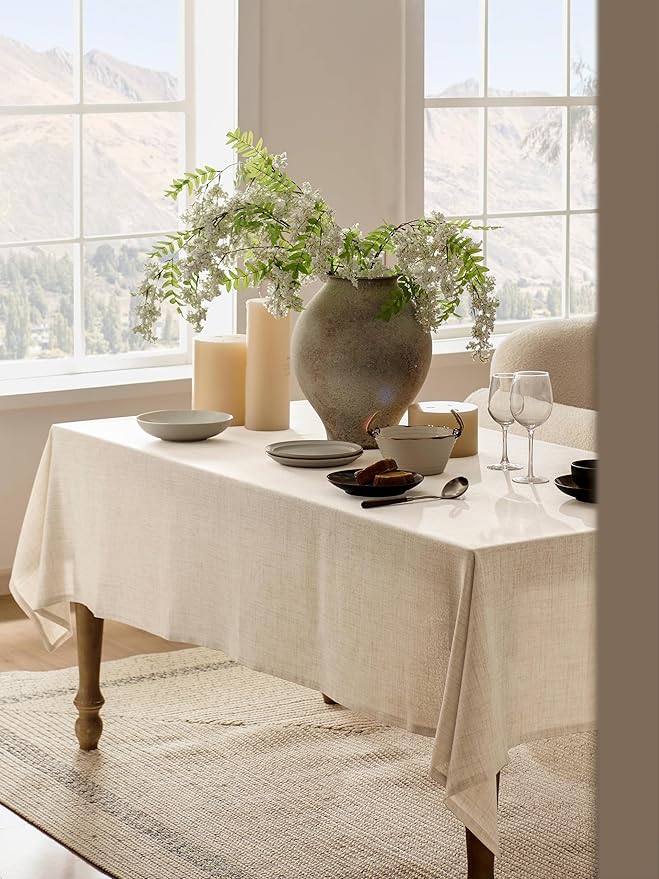 Linen Tablecloth for Rectangle Table 52x70 Inch Light Tan, Farmhouse Style Beige Tablecloth, Water Resistant Burlap Tablecloths for Dining Table Farmhouse Kitchen