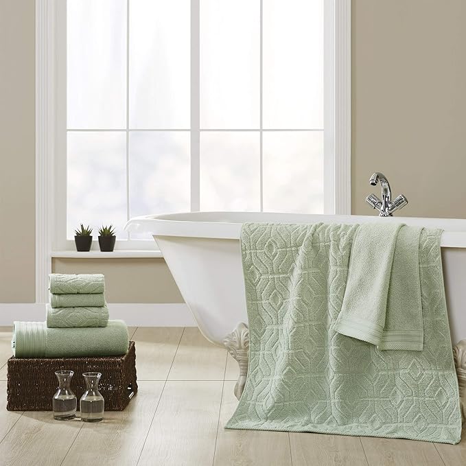 Modern Threads 6 Piece Cotton Bath Towel Set – Ultra Soft 550 GSM Towels – Bathroom Set with Hand Towels and Washcloths – Geometric (Soft Olive)