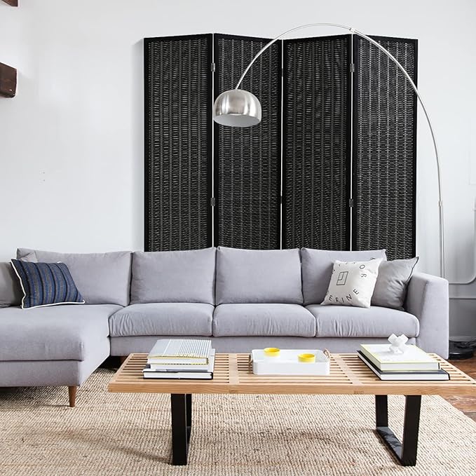 6FT Room Divider 4 Panel, 72 Inch Wall Divider Wood Screen Privacy Screen Seperating Divider Handwork Bamboo Folding Portable for Home Bedroom, Black