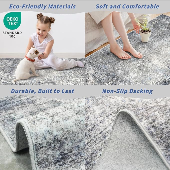 7x10 Rug for Living Room Washable – Non-Slip Soft Carpet for Bedroom Dining Room,Modern Neutral Abstract Low Pile Stain-Resistant Area Rug(Blue Grey,7x10)