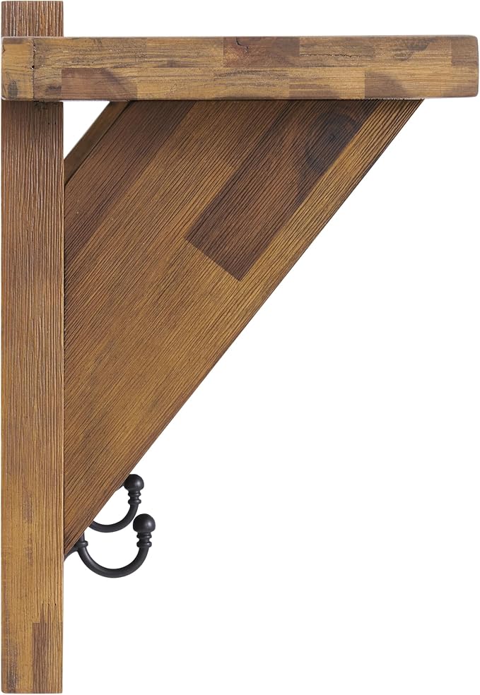 Alaterre Furniture Bethel Wall-Mounted Coat Rack with Shelf – Rustic Farmhouse 40-Inch Solid Wood Entryway Organizer with 5 Black Metal Double Hooks & Upper Storage Shelf (Natural Aged Brown)