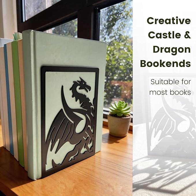 Metal Bookends for Shelves Home Decorative, Dragon Bookends Heavy Duty Study Bookends Stoppers Holder Stand for Desk Shelf Office, H&P Book Ends to Support Books (Dragon Castle, 2 Pair)