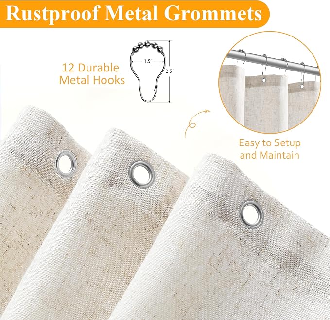 Naturoom 36 Inch Shower Curtain - Narrow Half Small Beige Linen Ultra Thick Fabric Shower Curtain Set with 6 Hooks, Natural Boho Farmhouse Rustic RV Camper Bath Curtains for Bathroom, Cream