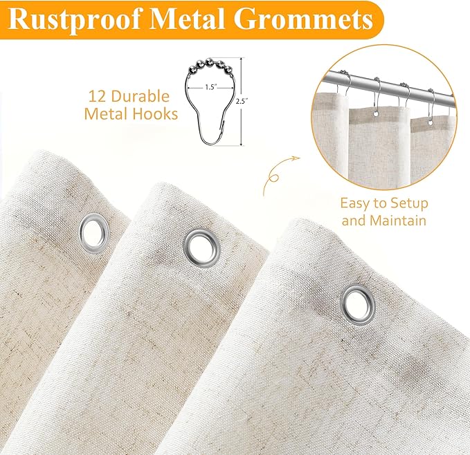 Naturoom Linen Shower Curtain 82 Inch Long Weighted Thick Fabric Bath Shower Curtain Set with Hooks, XLong Tall Country Farmhouse Beige Curtains for Bathroom, 72x82
