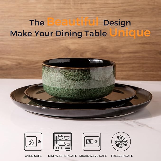 LERATIO Ceramic Dinnerware Sets for 8,Stoneware Plates and Bowls Sets,Reactive Glaze Dishes Set,Highly Chip and Crack Resistant | Dishwasher,Microwave & Oven Safe Dishes set,Service for 8-Green(24pcs)