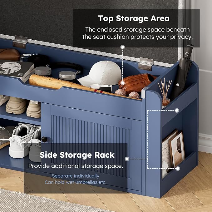 39.4" Storage Bench - Entryway Shoe Bench with Side Storage Shelves and 2 Doors, Multifunctional Entryway Bench with Lift Top Cushion, Shoe Storage Bench for Bedroom, Living Room, Navy Blue